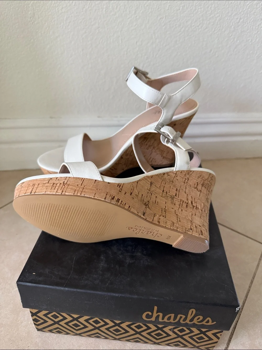 New Charles by Charles David White Cork Wedge Sandals